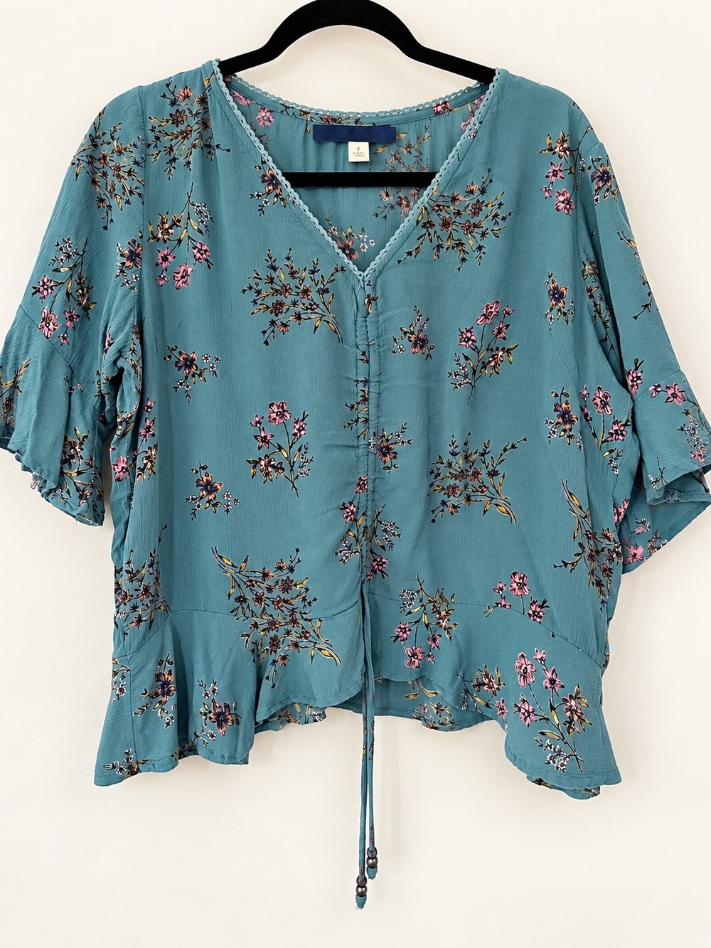 Women’s Teal Floral V-Neck Button Front Top
